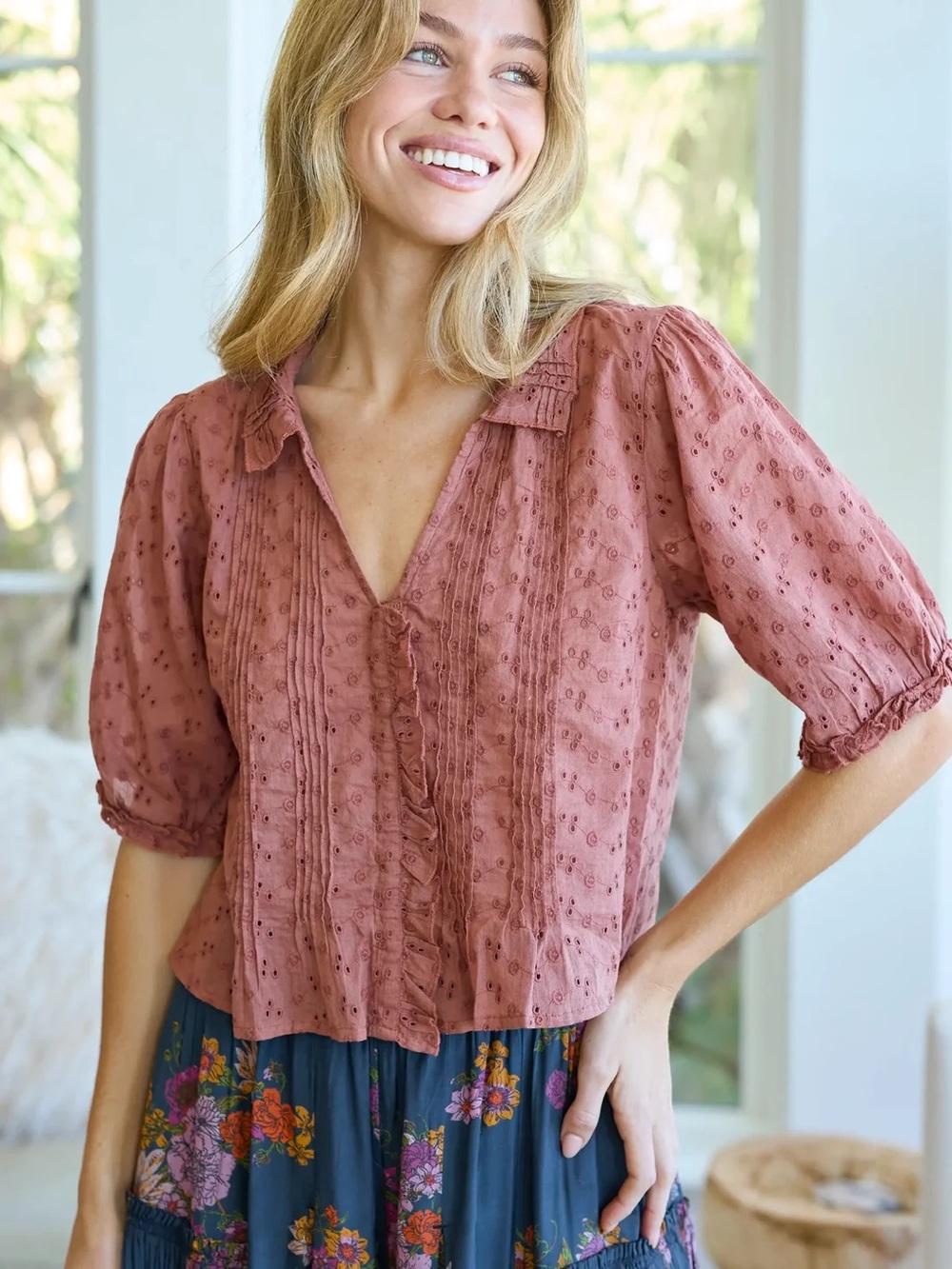 Natural Life My Favorite Cotton Top Eyelet Ruffle Lightweight Feminine